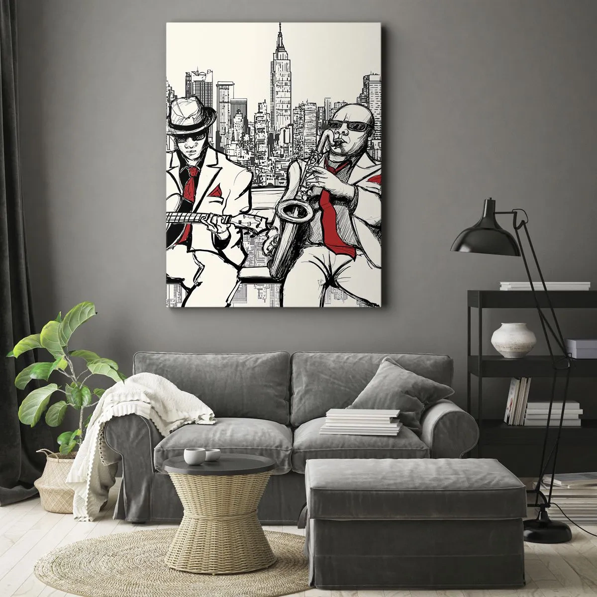 Bild auf Leinwand - Leinwandbild - Ein Jazzduo mit Saxophon und Gitarre vor der Kulisse der Stadt - 70x100cm - New Yorker Improvisation - Moderne Wanddekoration für Wohnzimmer und Schlafzimmer ARTTOR
