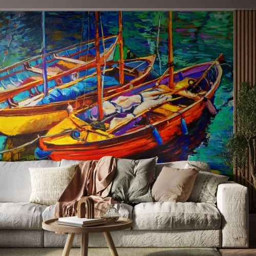 Fototapete Premium Canvas - Bunte Boote auf ruhigem Wasser - 100x70cm - Auf Wasser dick mit Farben - Moderne Wanddekoration für Wohnzimmer und Schlafzimmer ARTTOR