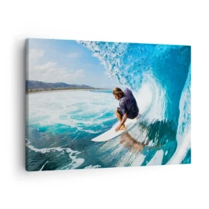 Bild auf Leinwand - Leinwandbild - Ein Surfer in dynamischer Pose auf einer Welle im türkisfarbenen Wasser. - 70x50cm - Tanzen mit den Wellen - Moderne Wanddekoration für Wohnzimmer und Schlafzimmer ARTTOR