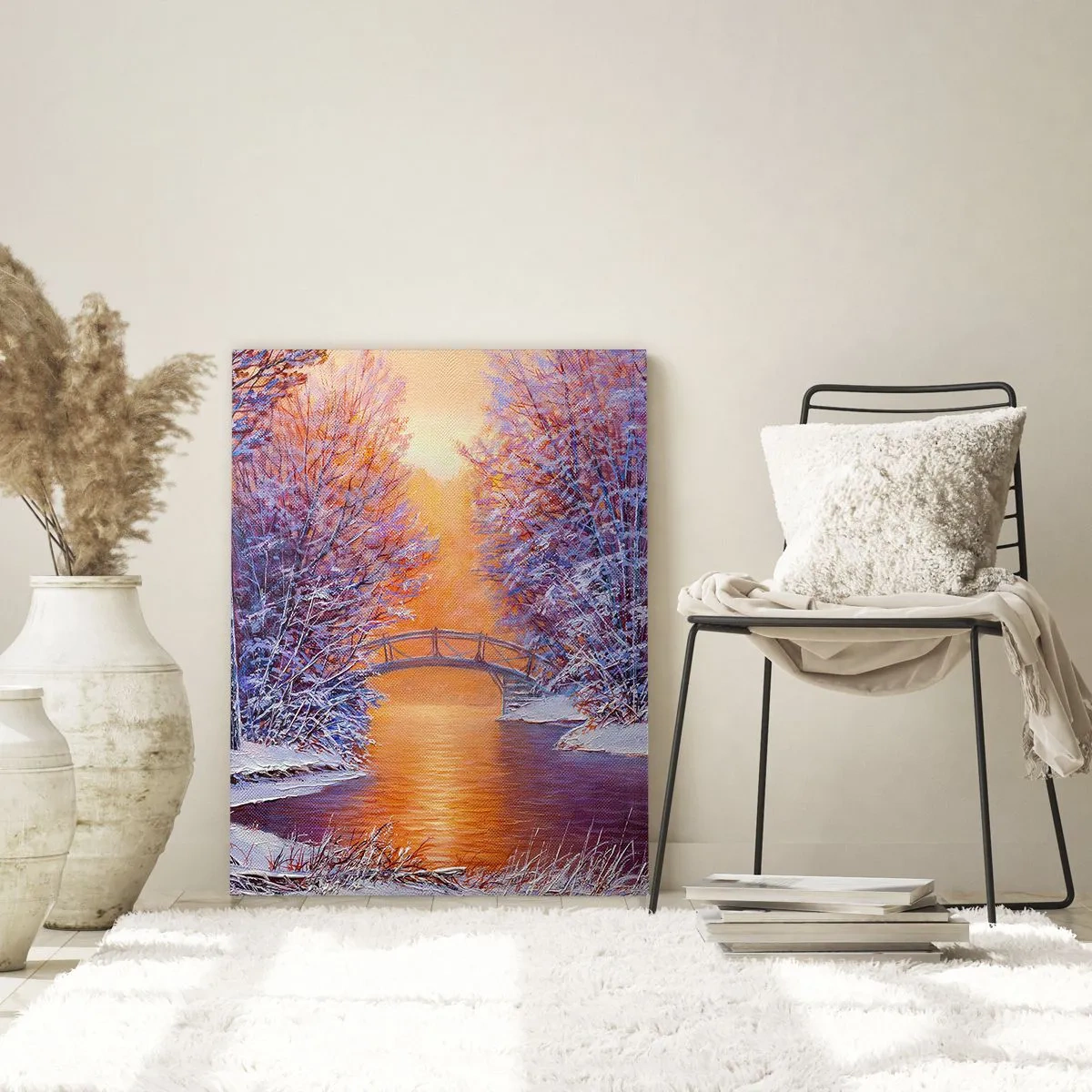 Glasbild - Bild auf glas - Winterlandschaft mit Brücke und Sonnenuntergang - 80x120cm - Treffen wir uns hier - Moderne Wanddekoration für Wohnzimmer und Schlafzimmer ARTTOR