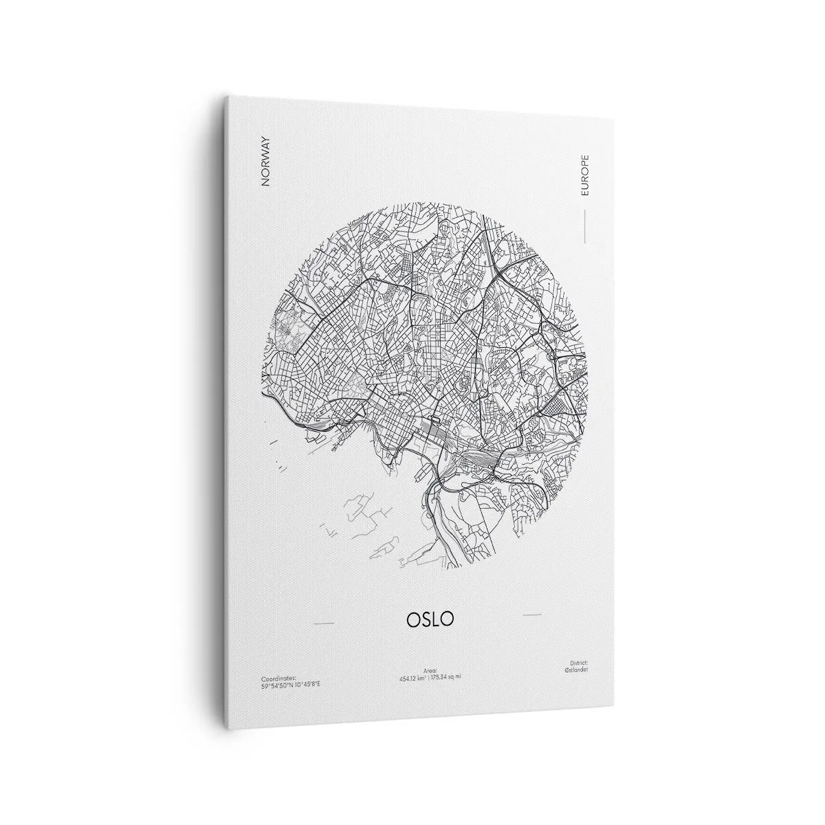 Bild auf Leinwand - Leinwandbild - Eine Karte von Oslo im minimalistischen Schwarz-Weiß-Stil. - 70x100cm - Anatomie von Oslo - Moderne Wanddekoration für Wohnzimmer und Schlafzimmer ARTTOR