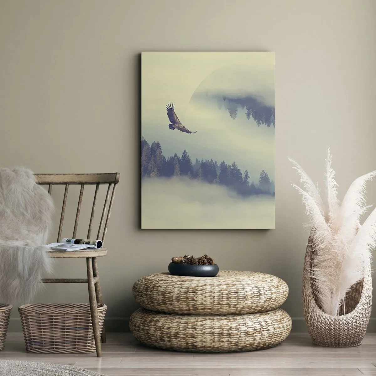 Bild auf Leinwand - Leinwandbild - Ein Adler im Flug vor der Kulisse nebliger Berge mit einem künstlerischen Kreismotiv - 50x70cm - Ich habe den Schatten eines Adlers gesehen - Moderne Wanddekoration für Wohnzimmer und Schlafzimmer ARTTOR