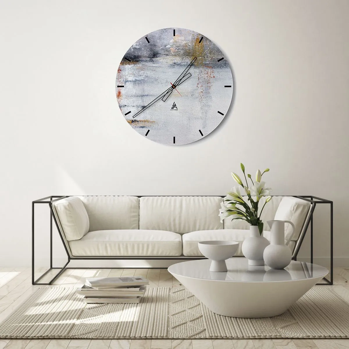 Wanduhr - Glasuhr - Eine abstrakte Komposition in Grau- und Goldtönen. - 30x30cm - Hinter dem Luftvorhang - Moderne Wanddekoration für Wohnzimmer, Küche und Schlafzimmer ARTTOR
