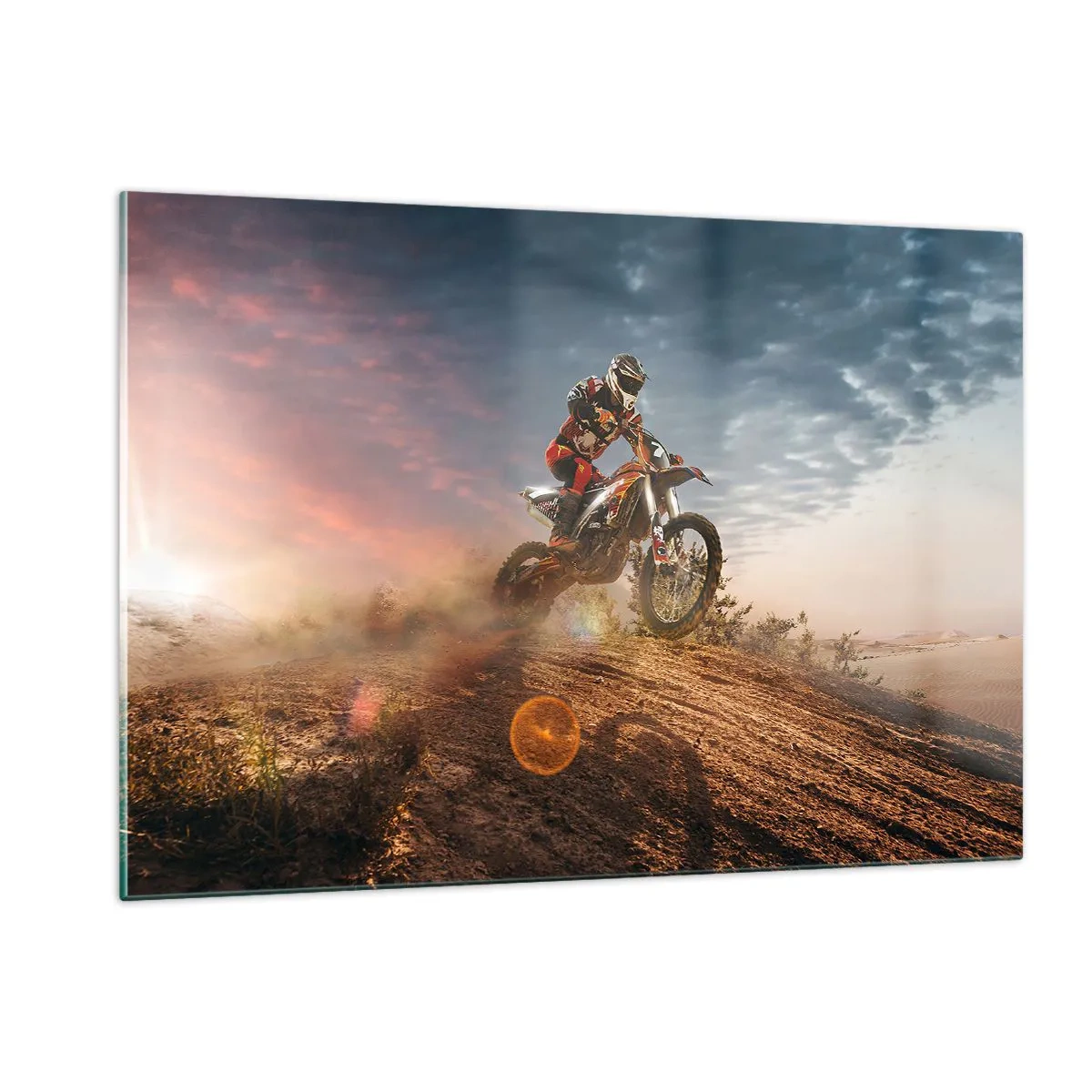 Glasbild - Bild auf glas - Motorradfahrer in der Wüste in dynamischer Umgebung - 120x80cm - Für den Sieg - Moderne Wanddekoration für Wohnzimmer und Schlafzimmer ARTTOR