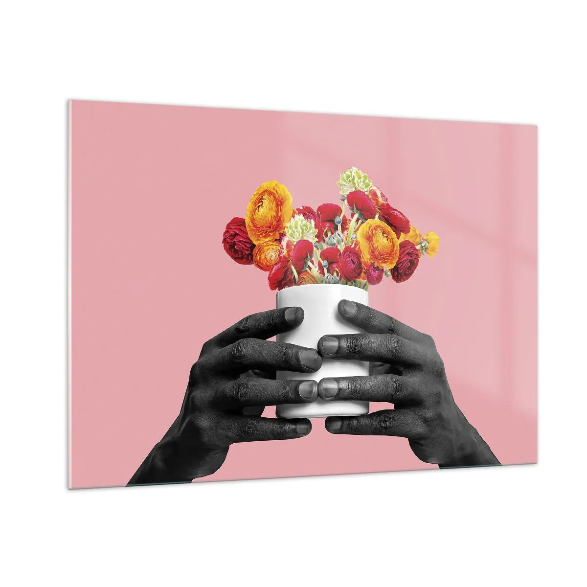 Glasbild - Bild auf glas - Schwarz-weiße Hände halten einen bunten Blumenstrauß - 100x70cm - Die Apotheose des Lebens - Moderne Wanddekoration für Wohnzimmer und Schlafzimmer ARTTOR