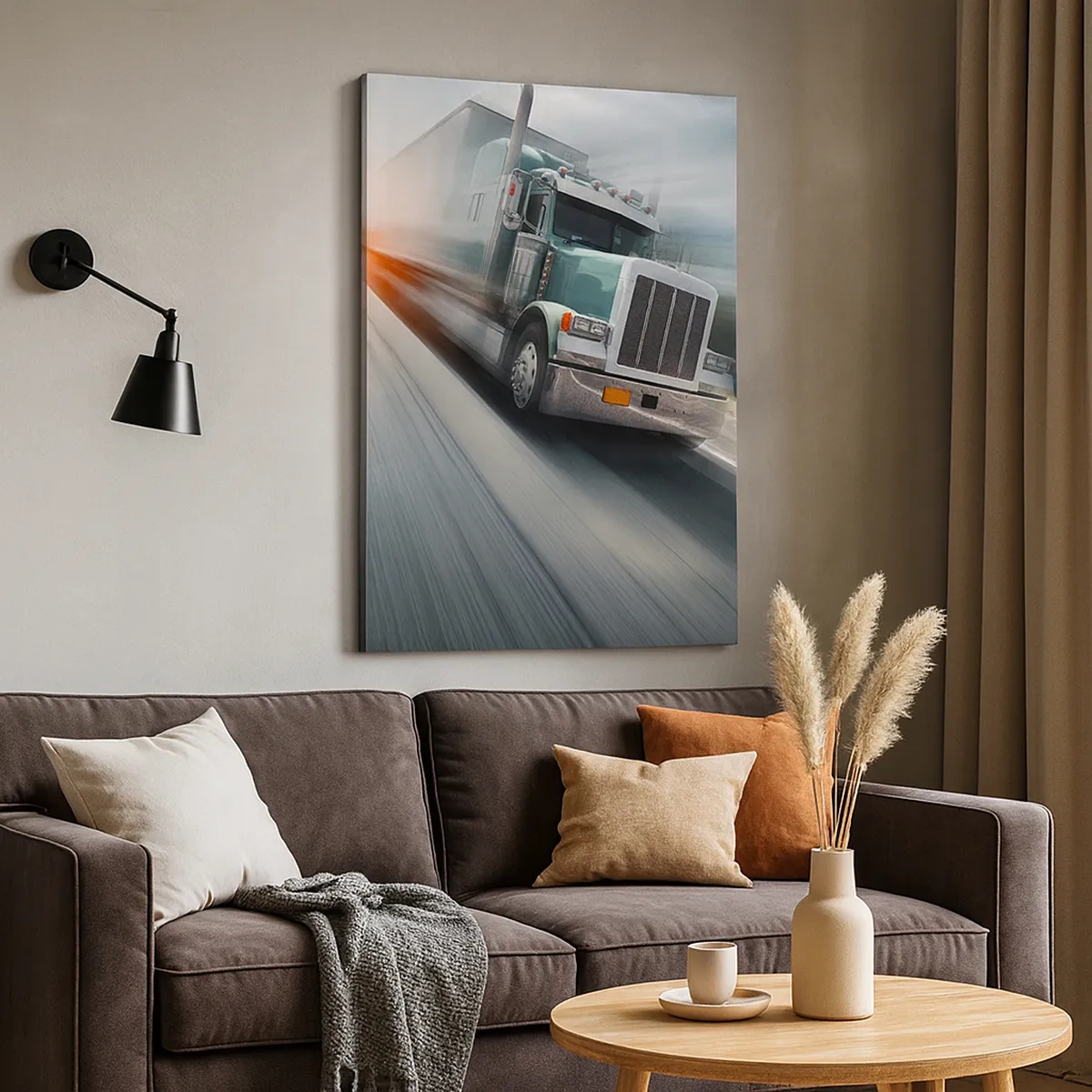 Bild auf Leinwand - Leinwandbild - Ein LKW auf der Autobahn in Bewegung bei Sonnenuntergang - 50x70cm - Der amerikanische Riese in Eile - Moderne Wanddekoration für Wohnzimmer und Schlafzimmer ARTTOR