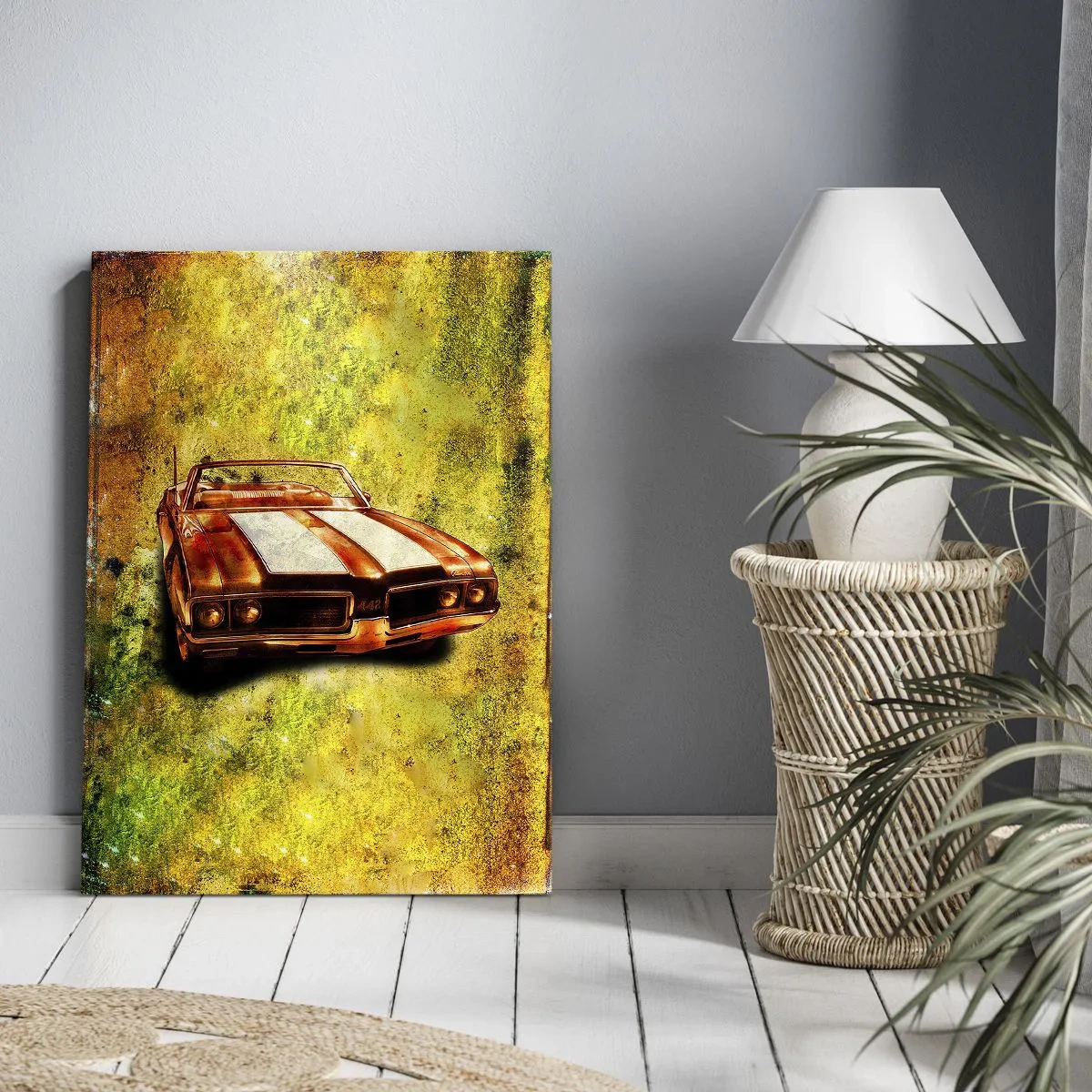 Bild auf Leinwand - Leinwandbild - Ein sportliches Retro-Cabrio in Goldtönen vor Vintage-Hintergrund - 50x70cm - In Formen verzauberte Kraft - Moderne Wanddekoration für Wohnzimmer und Schlafzimmer ARTTOR