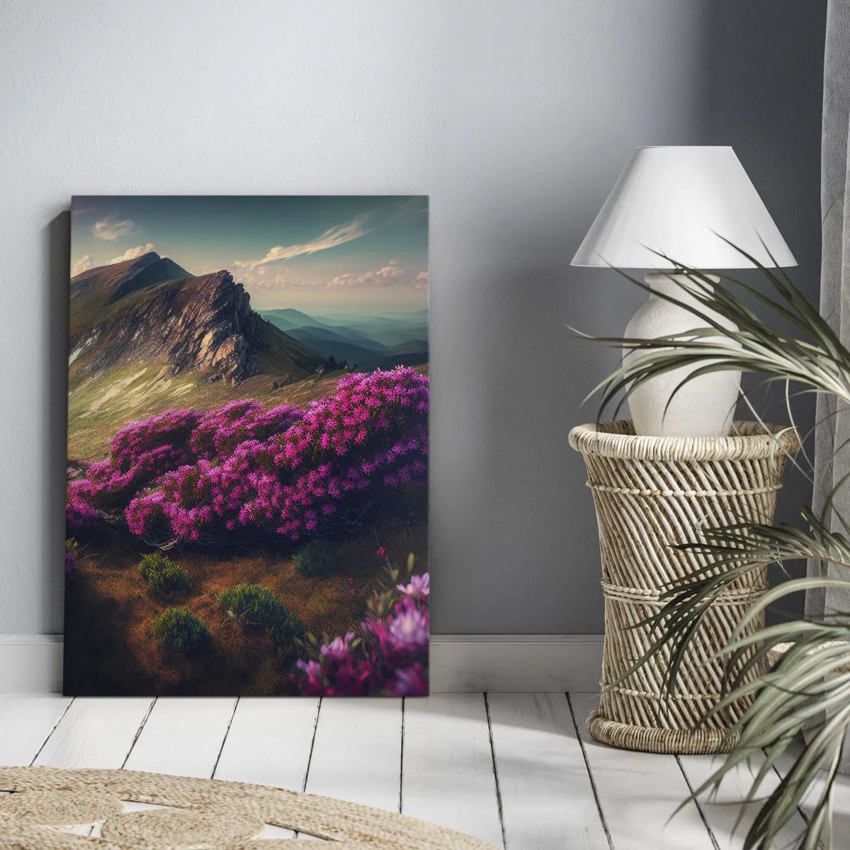 Bild auf Leinwand - Leinwandbild - Berglandschaft mit blühenden Rhododendren - 70x100cm - Sommer in den Bergen - Moderne Wanddekoration für Wohnzimmer und Schlafzimmer ARTTOR