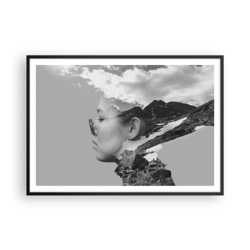 Poster in einem schwarzem Rahmen - Eine Schwarz-Weiß-Komposition mit der Silhouette einer Frau und einer Berglandschaft. - 100x70cm - Top und bewölktes Porträt - Moderne Wanddekoration für Wohnzimmer und Schlafzimmer ARTTOR
