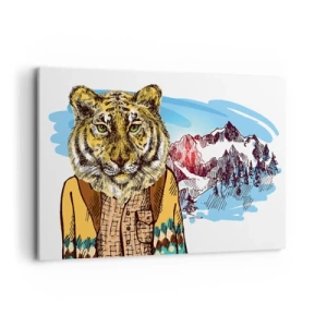 Bild auf Leinwand - Leinwandbild - Ein Tiger im Mantel vor einer Berglandschaft - 120x80cm - Nicht so wild, wie sie ihn zeichnen - Moderne Wanddekoration für Wohnzimmer und Schlafzimmer ARTTOR