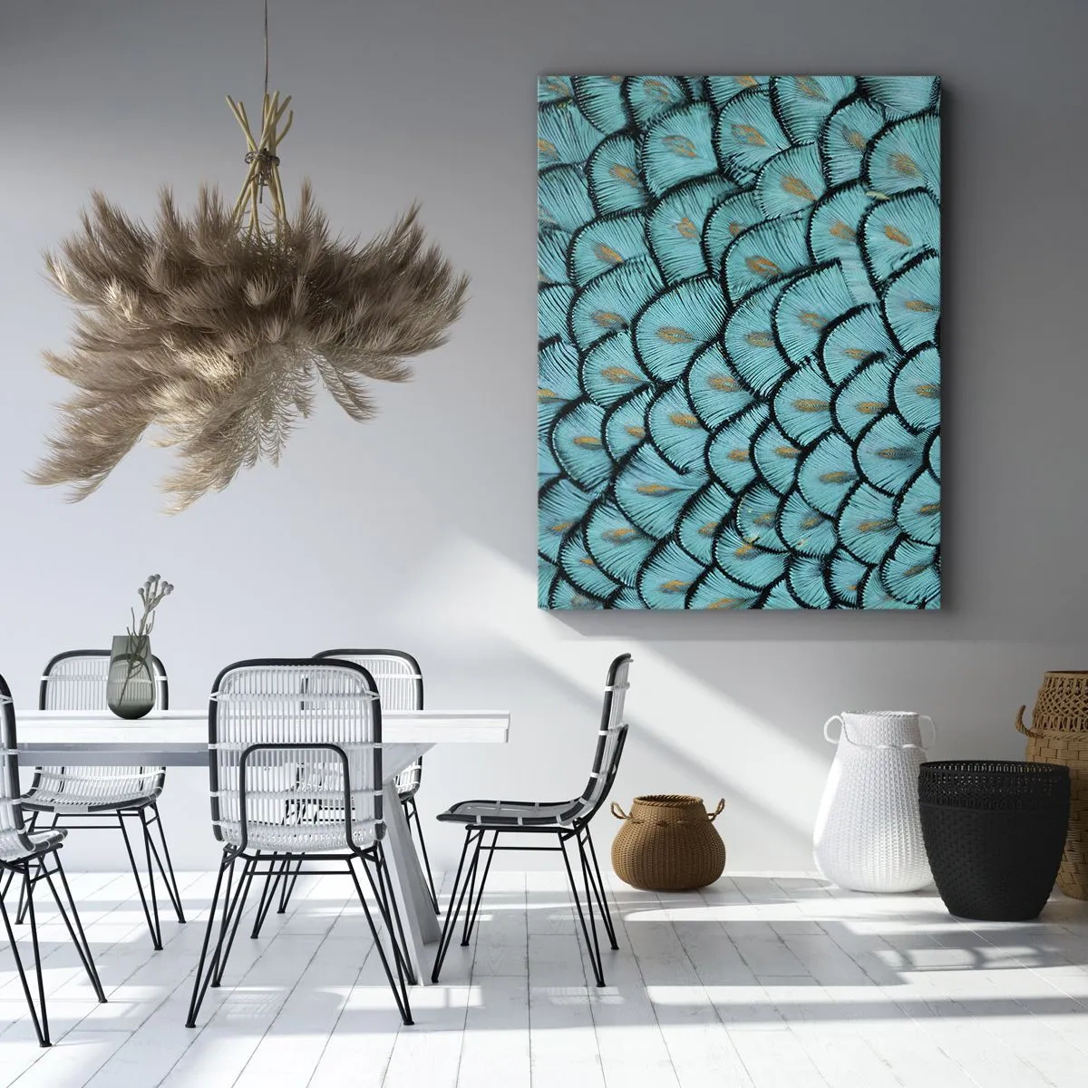 Bild auf Leinwand - Leinwandbild - Ein Muster, das türkisfarbenen Schuppen mit goldenen Akzenten ähnelt - 50x70cm - Große Federgala - Moderne Wanddekoration für Wohnzimmer und Schlafzimmer ARTTOR