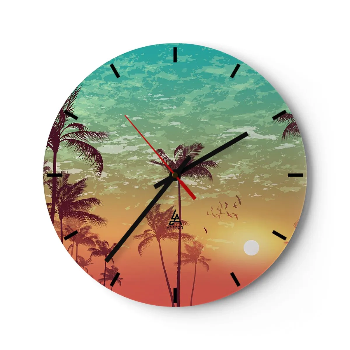 Wanduhr - Glasuhr - Palmen vor dem Himmel in den Schatten des Sonnenuntergangs - 30x30cm - Tropische Stimmung - Moderne Wanddekoration für Wohnzimmer, Küche und Schlafzimmer ARTTOR