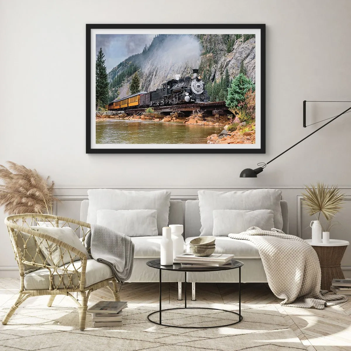 Poster in einem schwarzem Rahmen - Eine Dampflokomotive auf einer Brücke in einer malerischen Berglandschaft - 70x50cm - Wo willst du hin? Wohin? - Moderne Wanddekoration für Wohnzimmer und Schlafzimmer ARTTOR