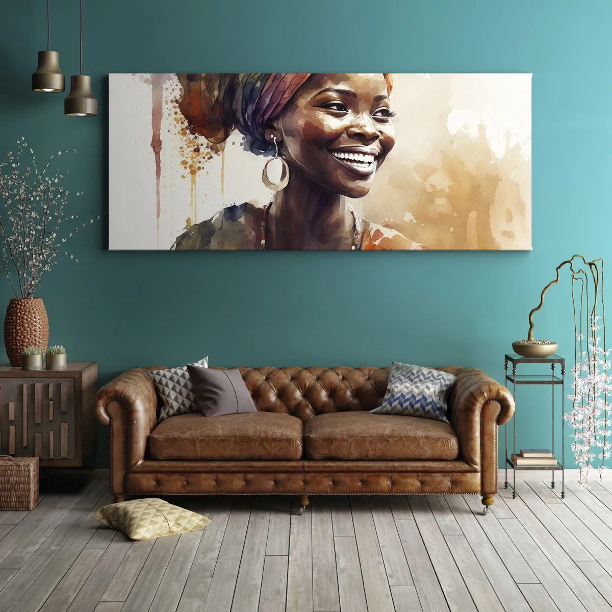 Bild auf Leinwand - Leinwandbild - Porträt einer lächelnden Frau mit buntem Schal in Aquarell - 160x50cm - Afrikanische Königin - Moderne Wanddekoration für Wohnzimmer und Schlafzimmer ARTTOR