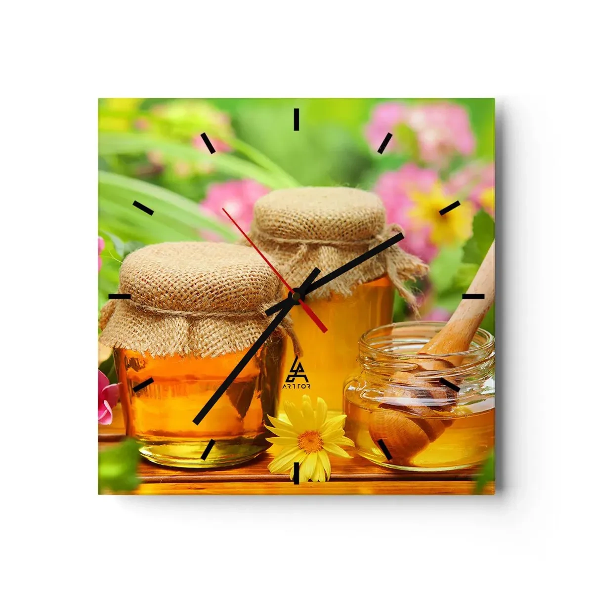 Wanduhr - Glasuhr - Honiggläser mit Blumen vor dem Hintergrund eines Sommergartens - 30x30cm - Süß und blumig - Moderne Wanddekoration für Wohnzimmer und Schlafzimmer ARTTOR