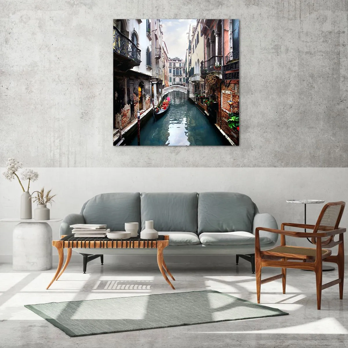 Glasbild - Bild auf glas - Venezianische Landschaft mit Gondel und Brücke - 50x50 cm