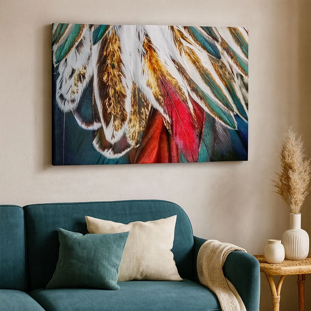Bild auf Leinwand - Leinwandbild - Nahaufnahme von mehrfarbigen Federn in leuchtenden, intensiven Farben - 70x50cm - Geheimnisse des Fliegens - Moderne Wanddekoration für Wohnzimmer und Schlafzimmer ARTTOR
