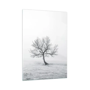 Glasbild - Bild auf glas - Ein einsamer Baum vor dem Nebel in einer monochromen Komposition - 50x70cm - Gegen das Nichts - Moderne Wanddekoration für Wohnzimmer und Schlafzimmer ARTTOR