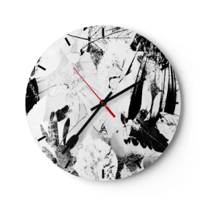 Wanduhr - Glasuhr - Schwarz-weißes Blumen- und Blattmuster im künstlerischen Stil - 30x30cm - Herbst negativ - Moderne Wanddekoration für Wohnzimmer, Küche und Schlafzimmer ARTTOR