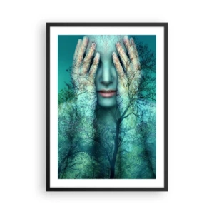 Poster in einem schwarzem Rahmen - Ein Frauengesicht mit einer Waldlandschaft im Doppelbelichtungsstil - 50x70cm - Eingetaucht in Blau - Moderne Wanddekoration für Wohnzimmer und Schlafzimmer ARTTOR