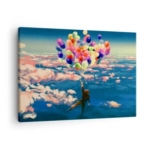 Bild auf Leinwand - Leinwandbild - Eine Figur, die mit bunten Luftballons über den Wolken schwebt - 70x50cm - Ein Kindheitstraum wird wahr - Moderne Wanddekoration für Wohnzimmer und Schlafzimmer ARTTOR