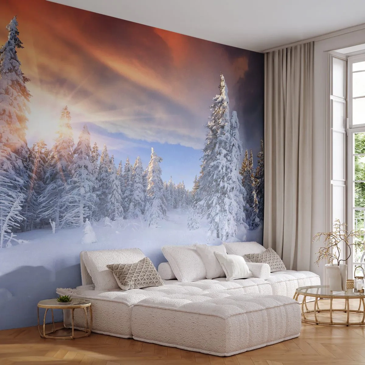 Fototapete Premium Sand - Ein verschneites Naturschauspiel - Landschaft, Wald, Winter - 100x70 cm