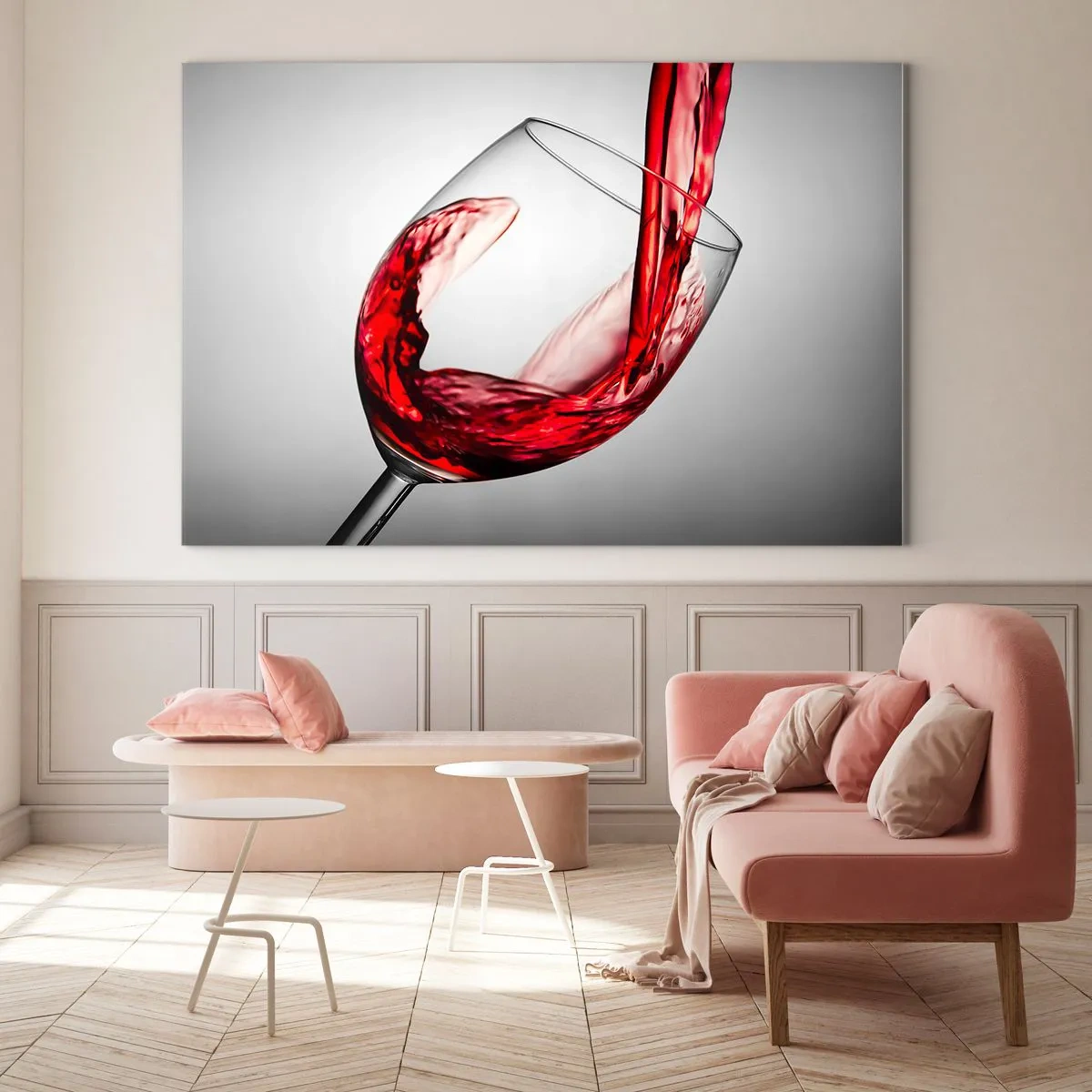 Glasbild - Bild auf glas - Rotwein wird vor hellem Hintergrund in ein Glas gegossen - 100x70cm - Farbe – Bewegung – Klang - Moderne Wanddekoration für Wohnzimmer und Schlafzimmer ARTTOR