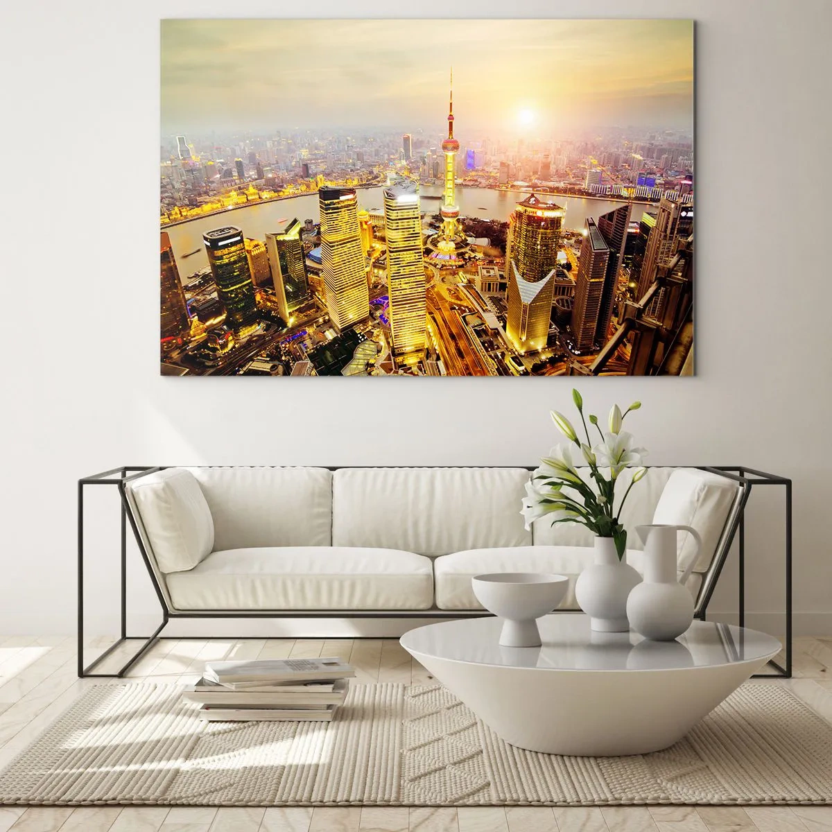 Glasbild - Bild auf glas - Panorama der Stadt bei Sonnenuntergang mit Wolkenkratzern - 120x80cm - Asiatischer Traum - Moderne Wanddekoration für Wohnzimmer und Schlafzimmer ARTTOR
