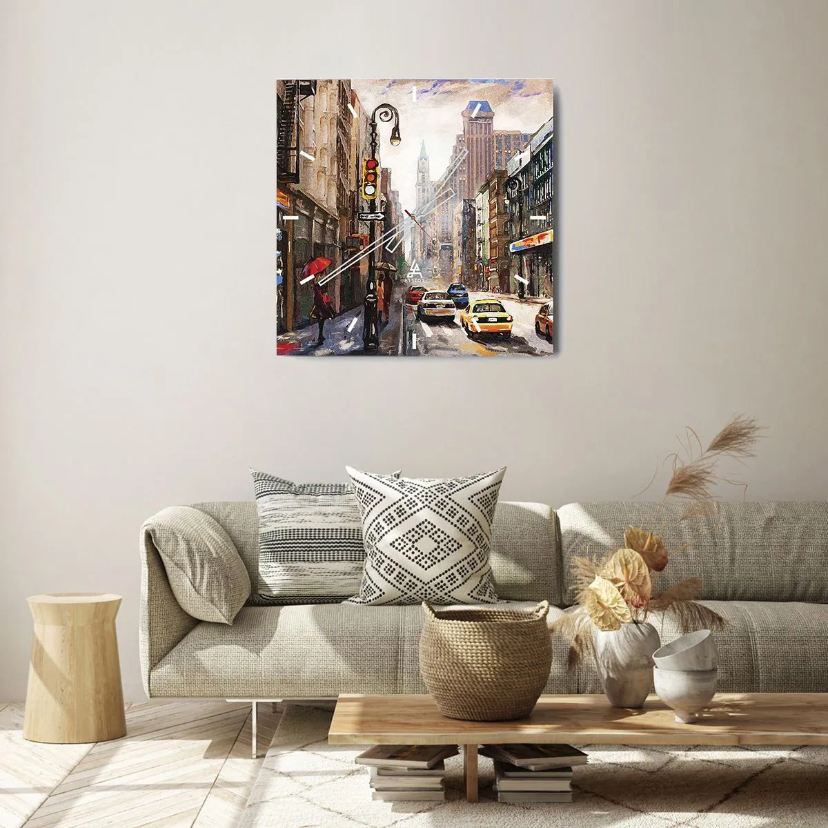 Wanduhr - Glasuhr - Stadtbild mit einer Straße und gelben Taxis - 30x30cm - New York - auch im Regen bunt - Moderne Wanddekoration für Wohnzimmer und Schlafzimmer ARTTOR