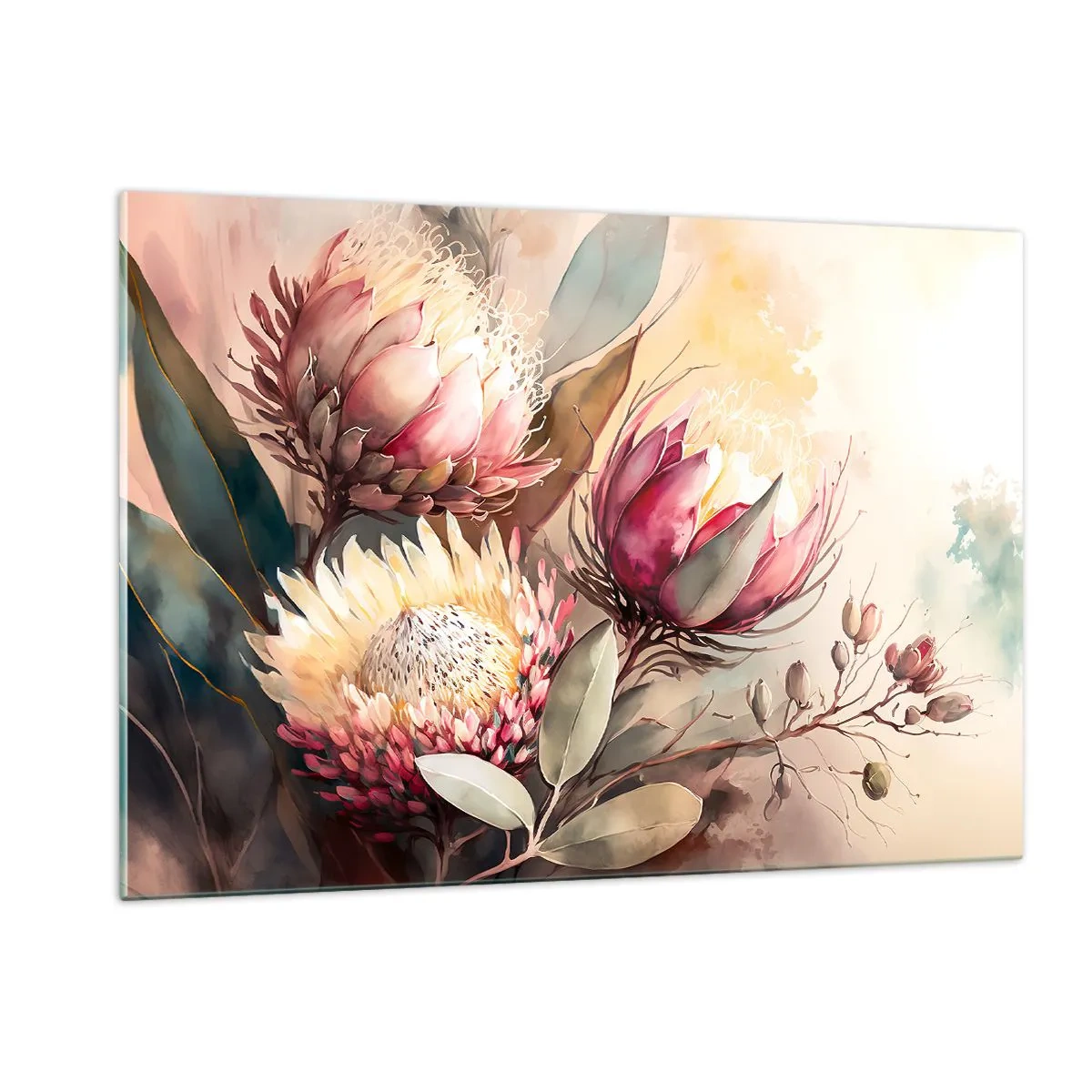 Glasbild - Bild auf glas - Protea-Blüten in Pastellfarben auf künstlerischem Hintergrund - 120x80cm - Im Profil und en face - Moderne Wanddekoration für Wohnzimmer und Schlafzimmer ARTTOR