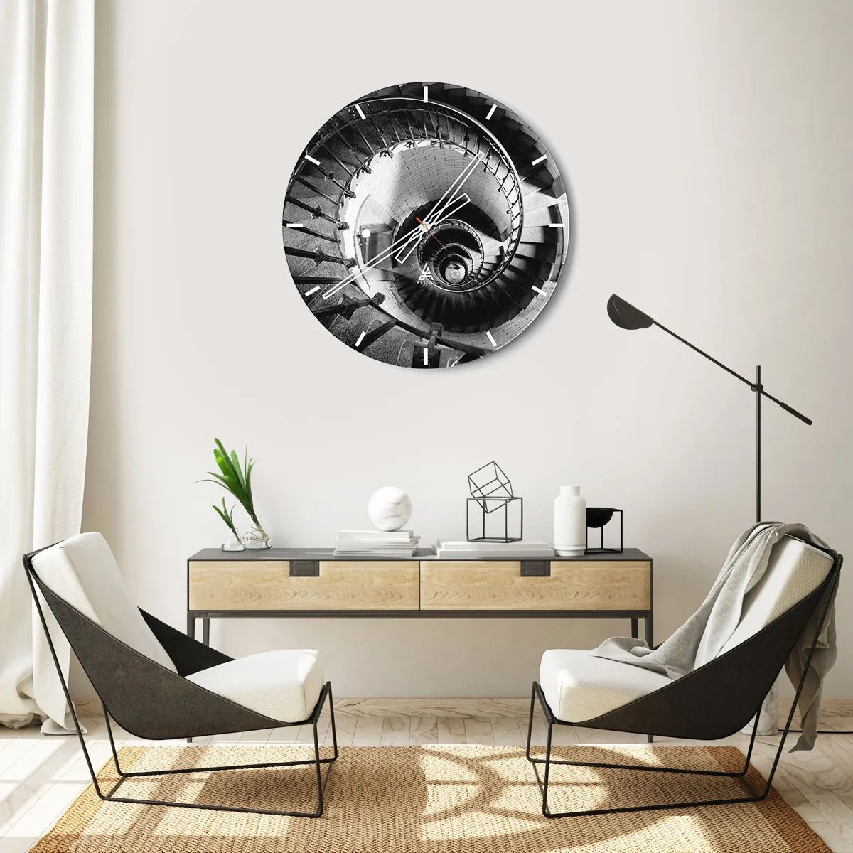 Wanduhr - Glasuhr - Schwarz-weiße Wendeltreppe von oben gesehen - 30x30cm - Höher und höher - Moderne Wanddekoration für Wohnzimmer, Küche und Schlafzimmer ARTTOR