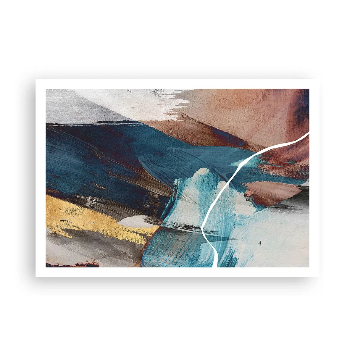 Poster - Abstrakte Pinselstriche in Blau- und Goldtönen - 100x70cm - Großzügig und mit Energie - Moderne Wanddekoration für Wohnzimmer und Schlafzimmer ARTTOR