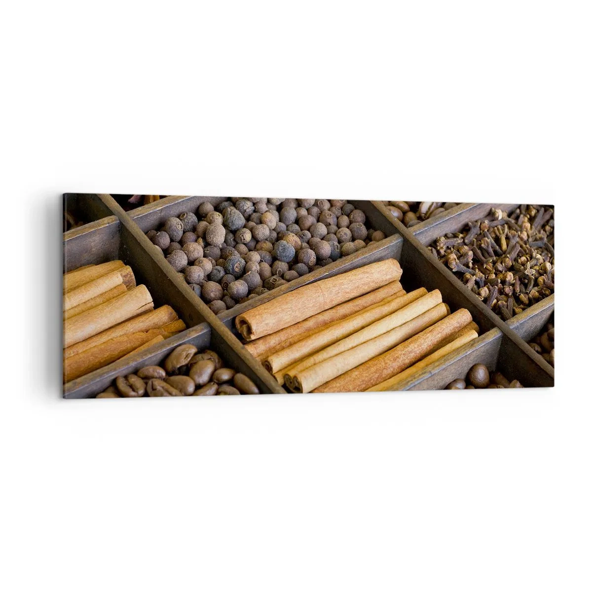 Bild auf Leinwand - Leinwandbild - Gewürze und Kaffee in Holzfächern - 140x50cm - Eine Fundgrube an Aromen - Moderne Wanddekoration für Wohnzimmer und Schlafzimmer ARTTOR