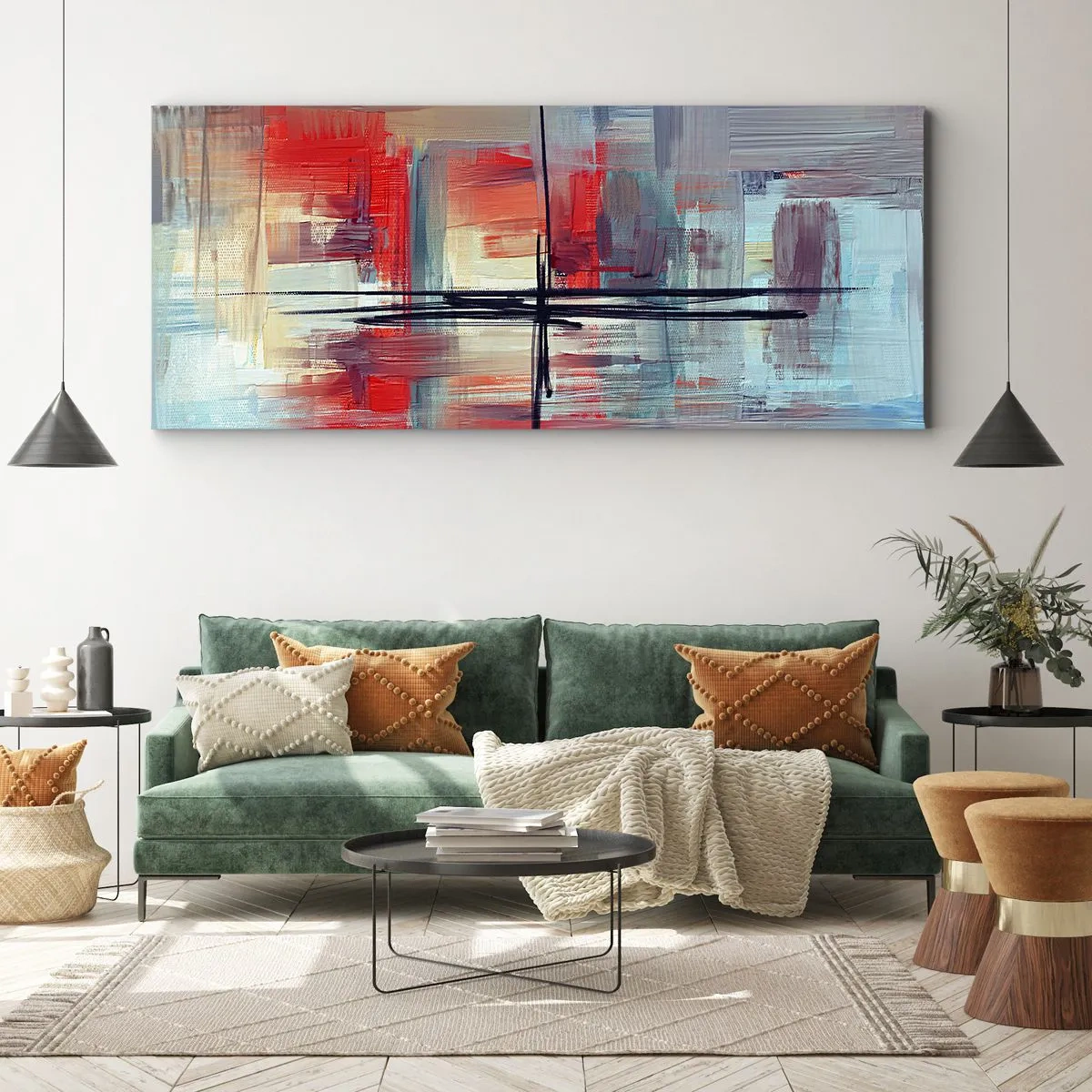 Bild auf Leinwand - Leinwandbild - Eine abstrakte Komposition mit intensiven Farben, Linien und geometrischen Formen. - 160x50cm - Landschaft in einer unbekannten Dimension - Moderne Wanddekoration für Wohnzimmer und Schlafzimmer ARTTOR