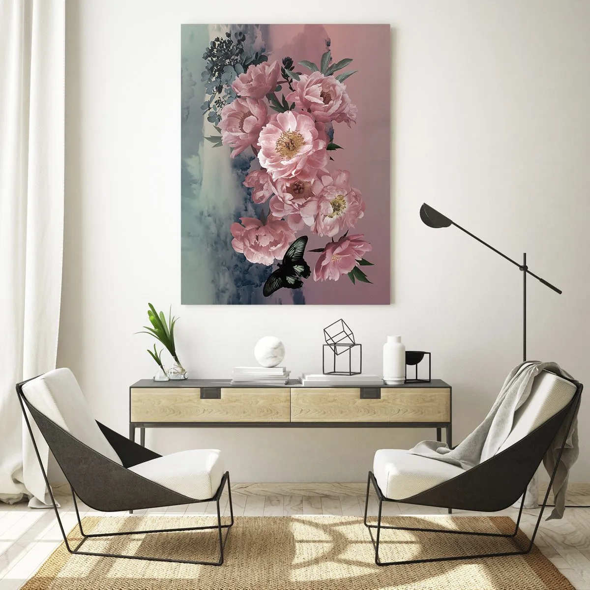 Glasbild - Bild auf glas - Rosa Pfingstrosen mit einem Schmetterling gegen den Himmel - 50x70cm - Der Höhepunkt der Romantik - Moderne Wanddekoration für Wohnzimmer und Schlafzimmer ARTTOR