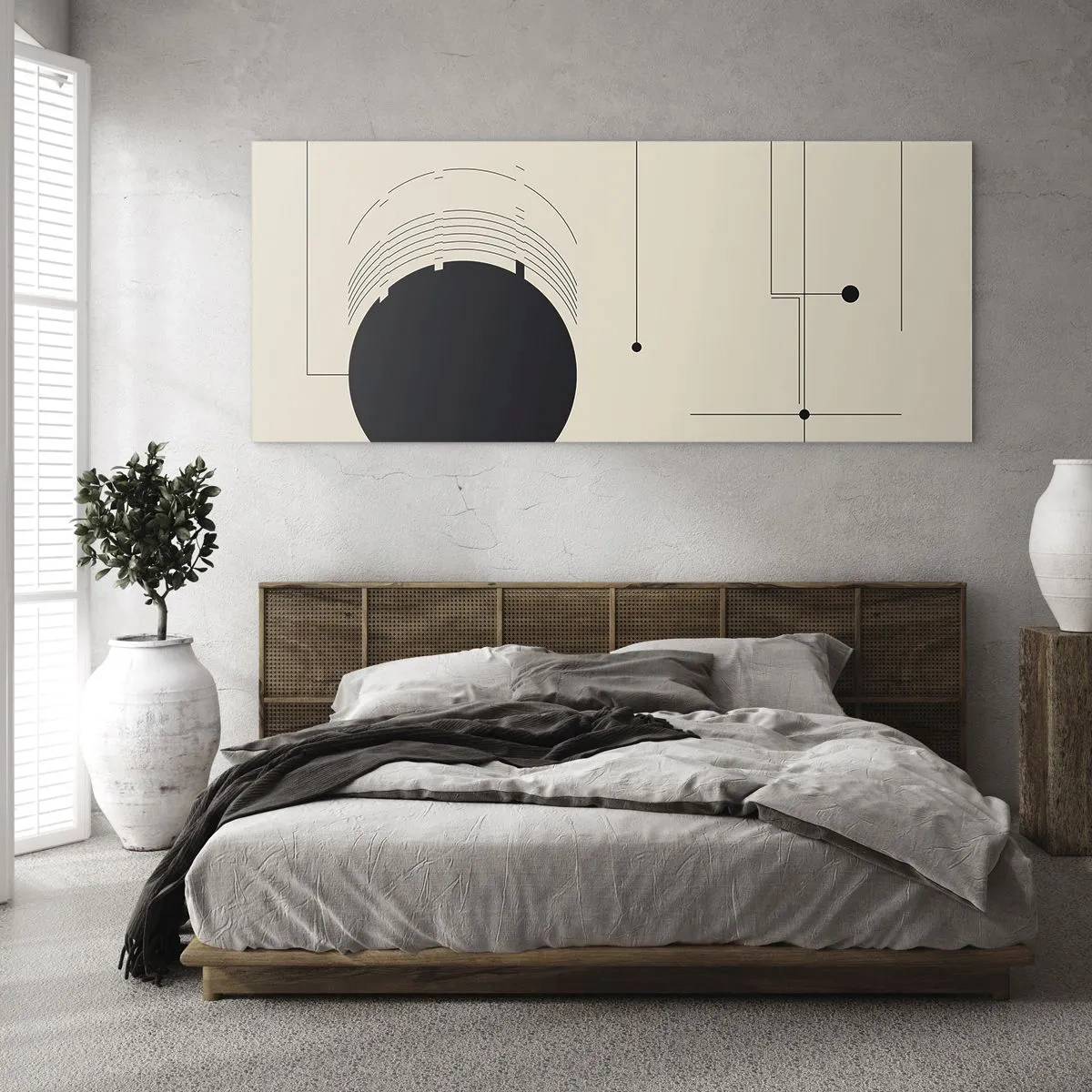 Glasbild - Bild auf glas - Schwarze geometrische Linien und ein Kreis auf beigem Hintergrund - 140x50cm - Flexible und dynamische Komposition - Moderne Wanddekoration für Wohnzimmer und Schlafzimmer ARTTOR