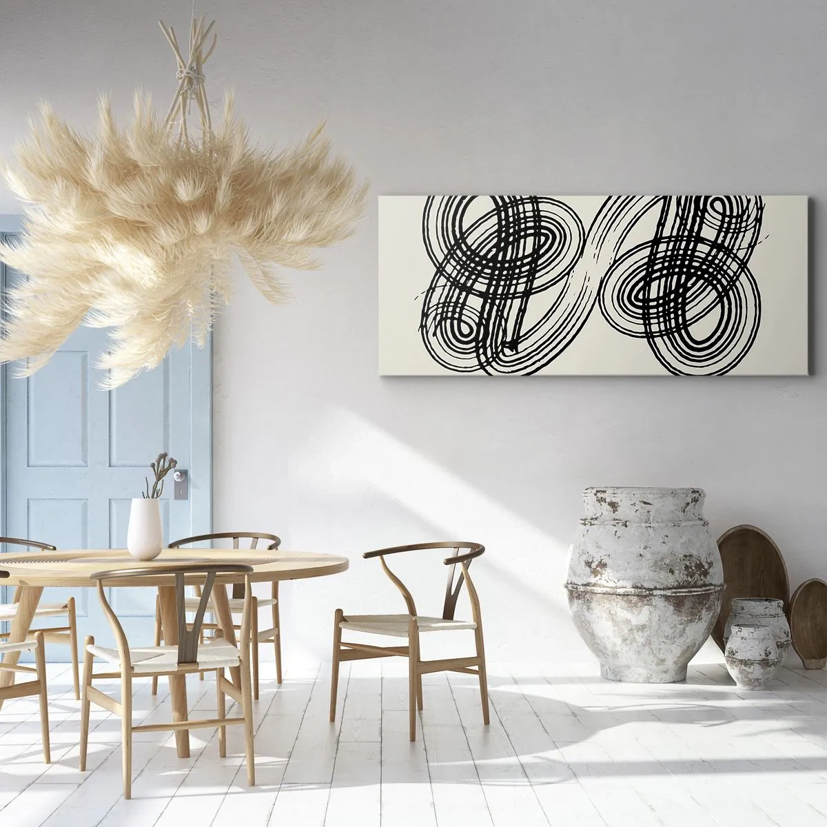 Bild auf Leinwand - Leinwandbild - Abstrakte schwarze Linien auf hellem Hintergrund im Avantgarde-Stil. - 140x50cm - Es kam spontan heraus - Moderne Wanddekoration für Wohnzimmer und Schlafzimmer ARTTOR