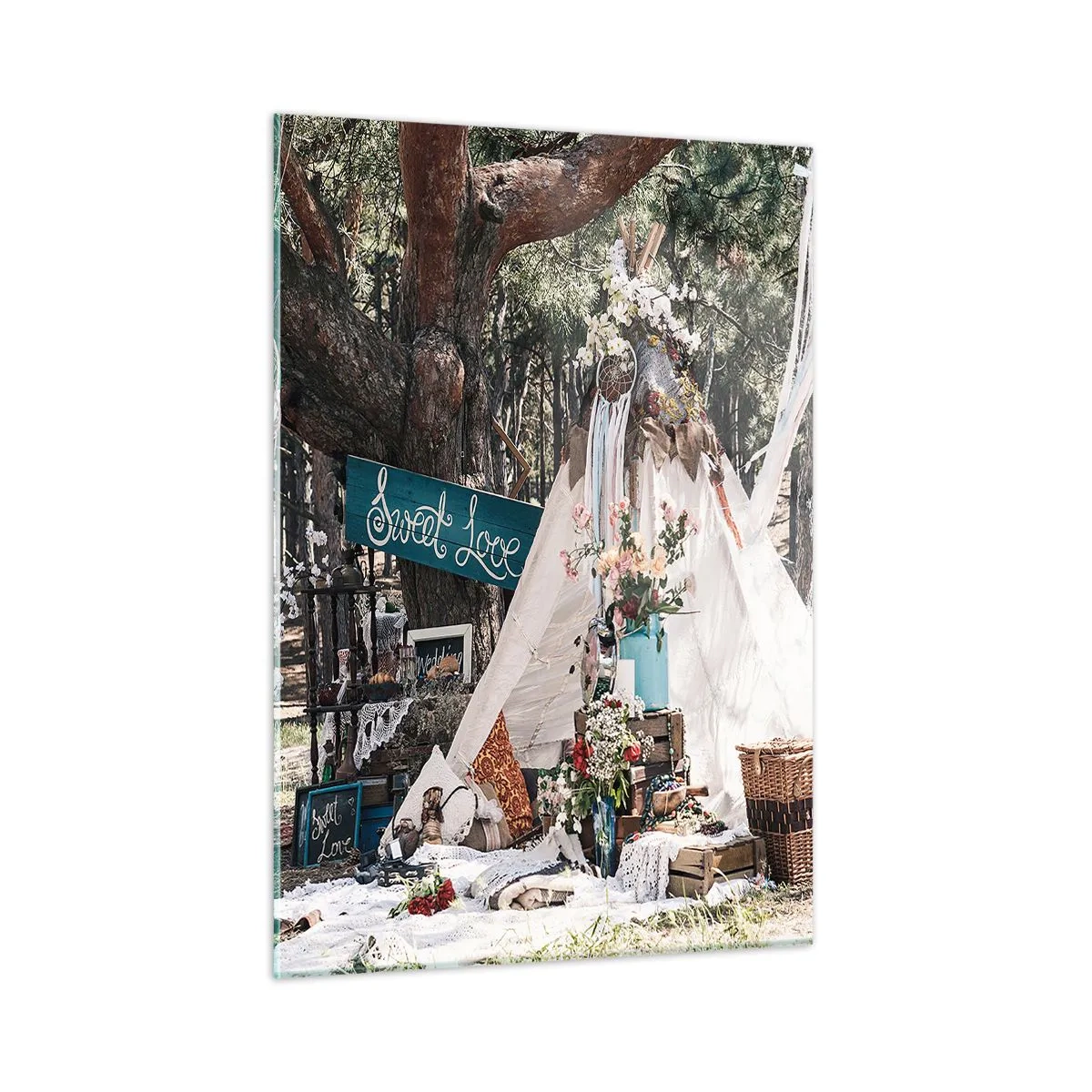 Glasbild - Bild auf glas - Boho Outdoor-Dekoration mit Tipi und Blumen im Wald - 50x70cm - Liebe machen ... - Moderne Wanddekoration für Wohnzimmer und Schlafzimmer ARTTOR
