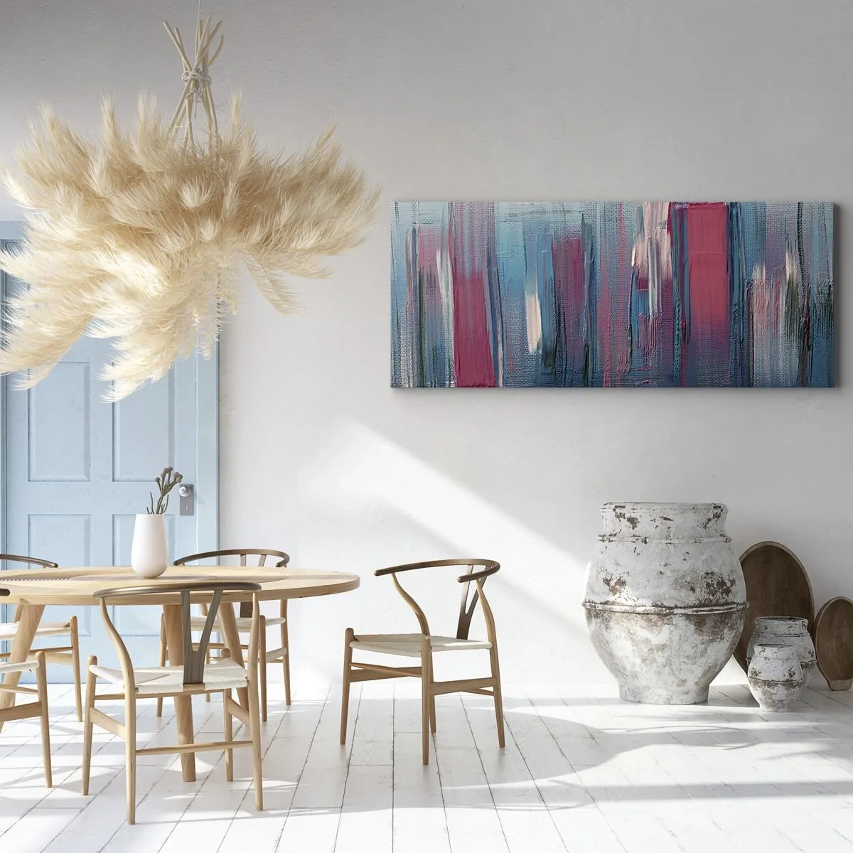 Bild auf Leinwand - Leinwandbild - Abstrakte vertikale Formen in Blau- und Rottönen - 120x50cm - Vertikale Komposition in Blau und Rot - Moderne Wanddekoration für Wohnzimmer und Schlafzimmer ARTTOR