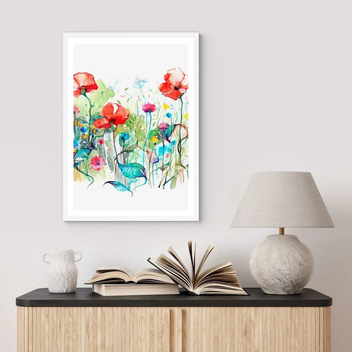 Poster in einem weißen Rahmen - Blühende Maiwiese - 70x100 cm
