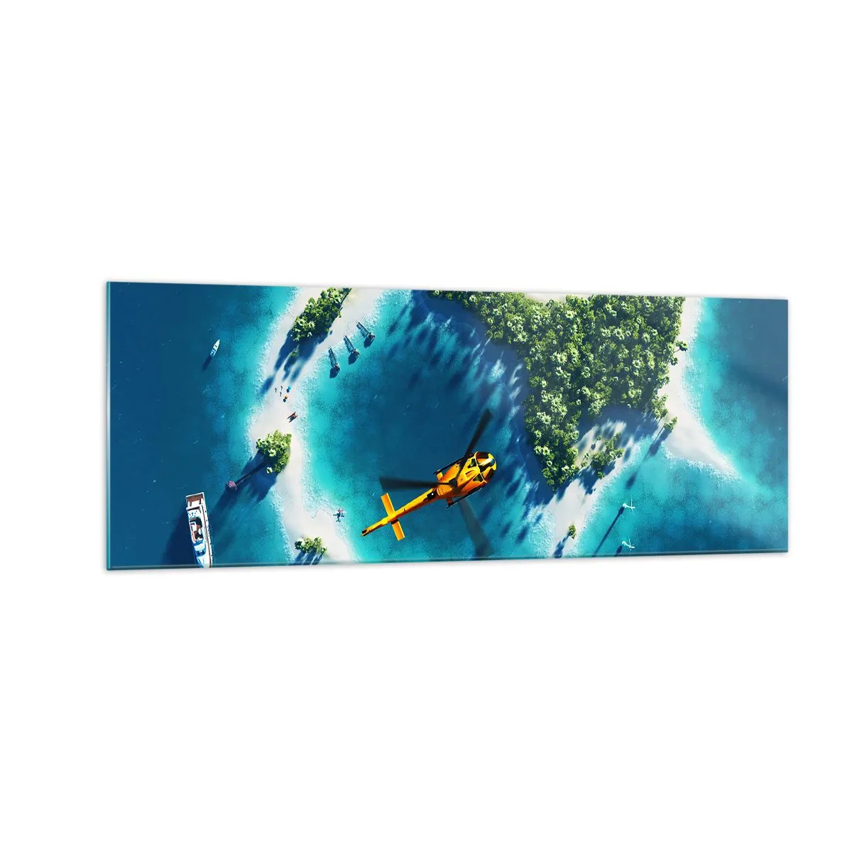 Glasbild - Bild auf glas - Eine tropische Insel, umgeben von türkisfarbenem Wasser, mit einem Hubschrauber in Sicht - 140x50cm - Kauf dir eine Insel - Moderne Wanddekoration für Wohnzimmer und Schlafzimmer ARTTOR