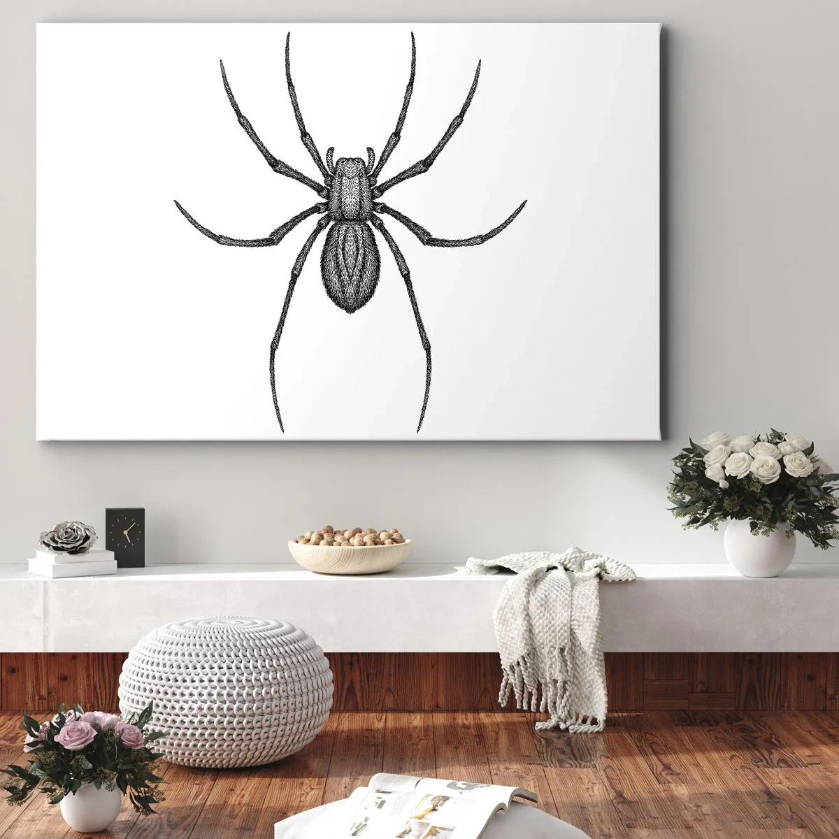 Bild auf Leinwand - Leinwandbild - Detail einer Spinne auf weißem Hintergrund im Cartoon-Stil - 70x50cm - Beunruhigende Präzision - Moderne Wanddekoration für Wohnzimmer und Schlafzimmer ARTTOR