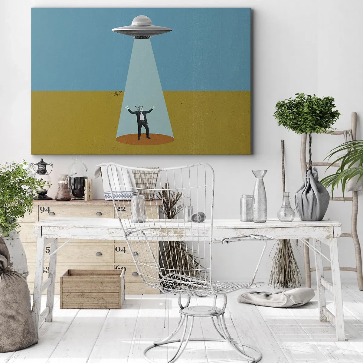 Bild auf Leinwand - Leinwandbild - Ein Mann im Licht eines UFOs vor dem Hintergrund einer farbenfrohen Landschaft - 100x70cm - Nahe Begegnung - Moderne Wanddekoration für Wohnzimmer und Schlafzimmer ARTTOR