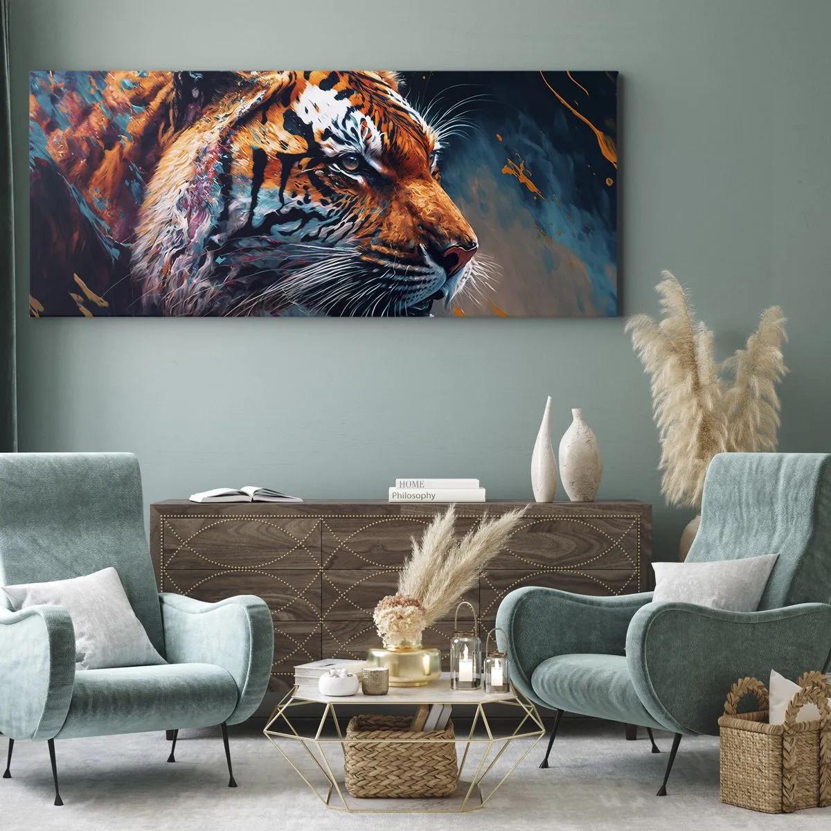 Bild auf Leinwand - Leinwandbild - Portrait eines Tigers in dynamischen, abstrakten Farben - 120x50cm - Wilde Schönheit - Moderne Wanddekoration für Wohnzimmer und Schlafzimmer ARTTOR