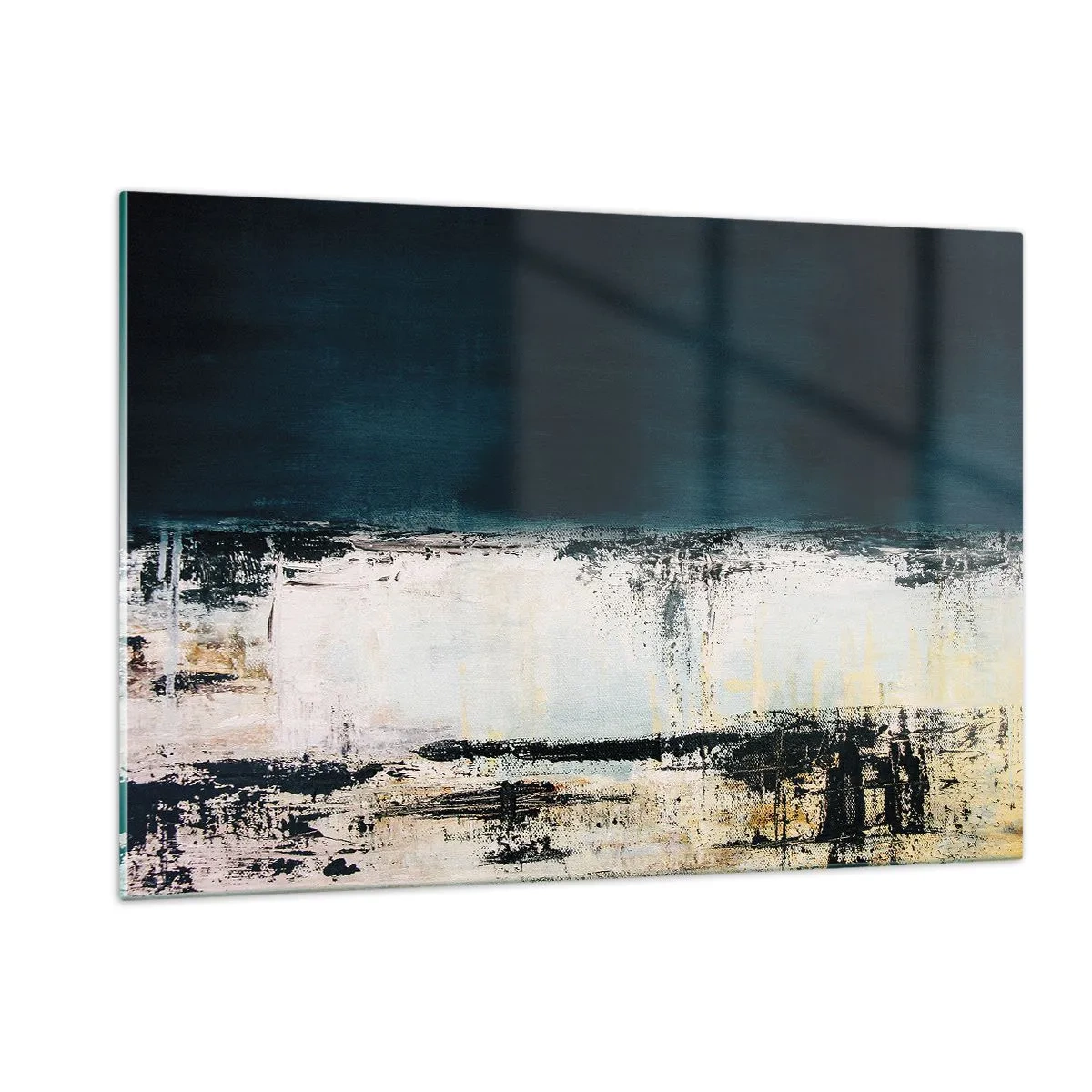 Glasbild - Bild auf glas - Abstrakte Landschaft in Marineblau- und Weißtönen - 120x80cm - Horizontale Komposition - Moderne Wanddekoration für Wohnzimmer und Schlafzimmer ARTTOR