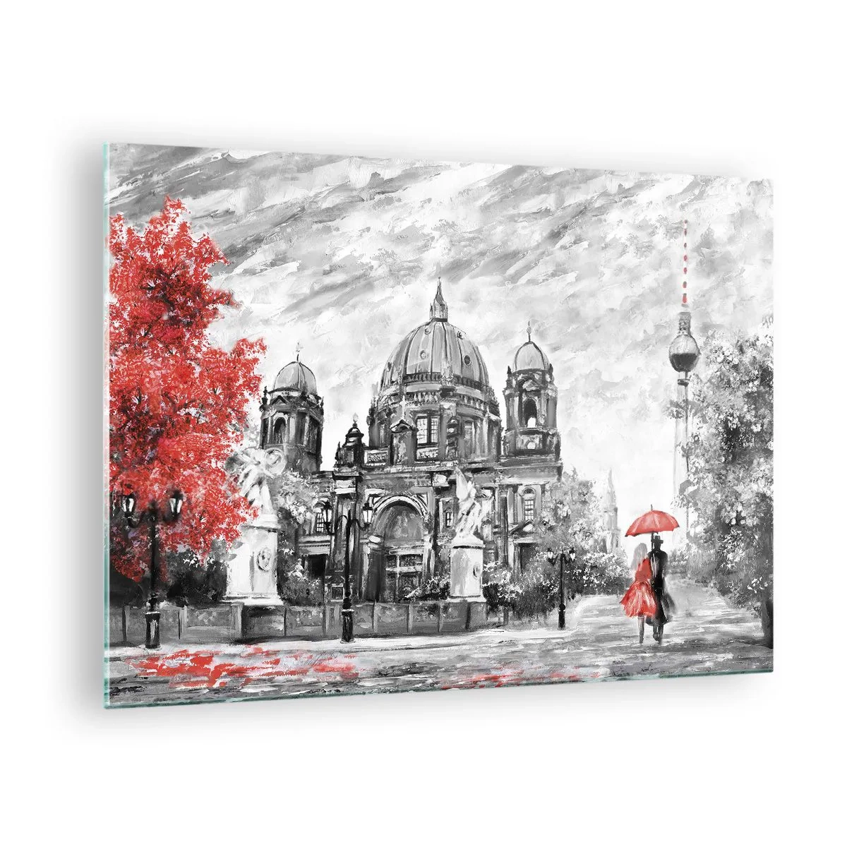 Glasbild - Bild auf glas - Berliner Dom mit rotem Akzent in monochromen Tönen - 70x50cm - Berliner Treffen - Moderne Wanddekoration für Wohnzimmer und Schlafzimmer ARTTOR