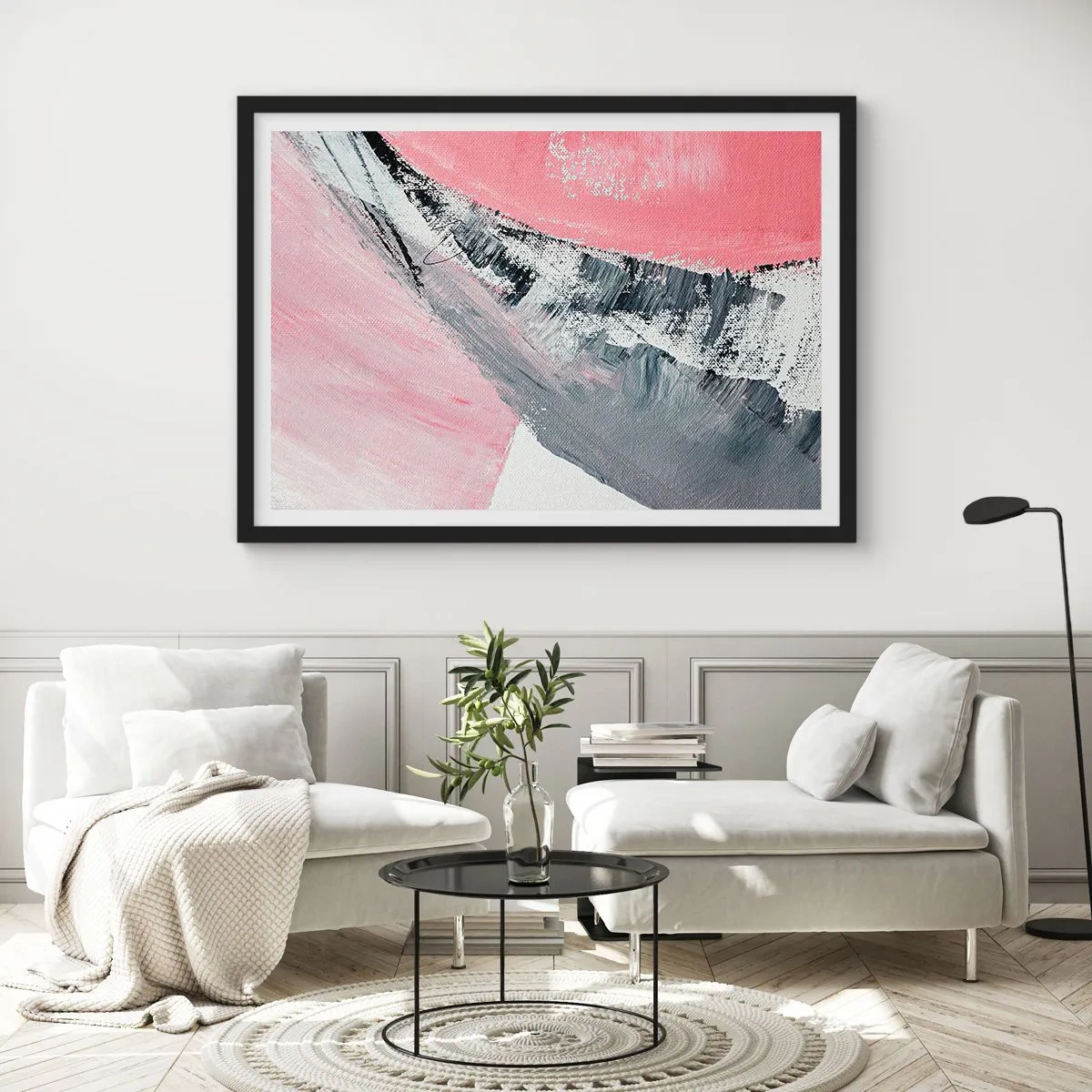 Poster in einem schwarzem Rahmen - Eine abstrakte Komposition in Rosa- und Grautönen. - 70x50cm - Passende Komposition - Moderne Wanddekoration für Wohnzimmer und Schlafzimmer ARTTOR