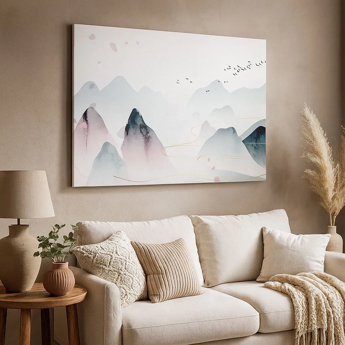 Bild auf Leinwand - Leinwandbild - Abstrakte Berge in Pastelltönen - 70x50cm - Über die Gipfel - Moderne Wanddekoration für Wohnzimmer und Schlafzimmer ARTTOR