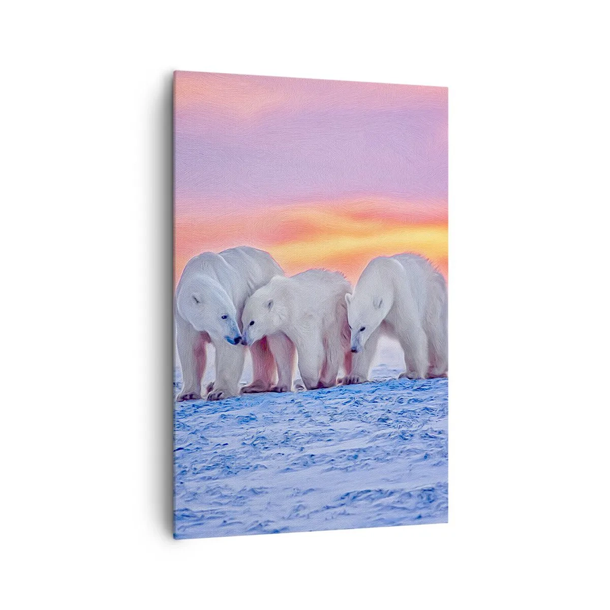 Bild auf Leinwand - Leinwandbild - Drei Eisbären vor dem Hintergrund eines arktischen Sonnenuntergangs - 80x120cm - Familienwärme ist genug - Moderne Wanddekoration für Wohnzimmer und Schlafzimmer ARTTOR