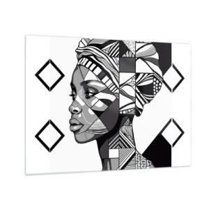 Glasbild - Bild auf glas - Schwarz-weißes ethnisches Porträt einer Frau mit geometrischen Mustern - 70x50cm - Ethnisches Porträt - Moderne Wanddekoration für Wohnzimmer und Schlafzimmer ARTTOR